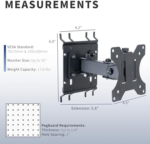 VIVO Black Single Monitor Pegboard Mount, Up to 32 in Screens, MOUNT-PB2A