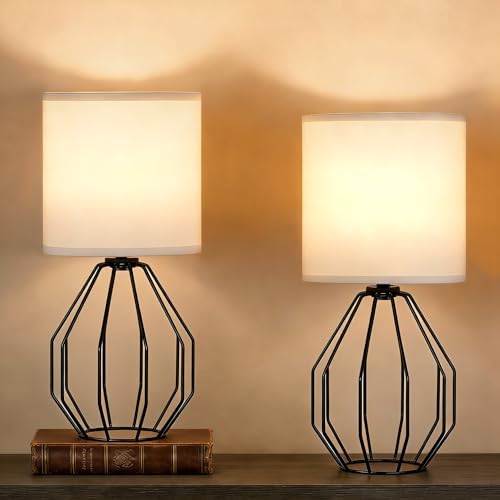 Small Table Lamp Set of 2 Black, Bedside Lamps with Metal Cage & Linen Lampshade, Cute Desk Lamps for Nightstand, Bedroom, Kids Room, Office