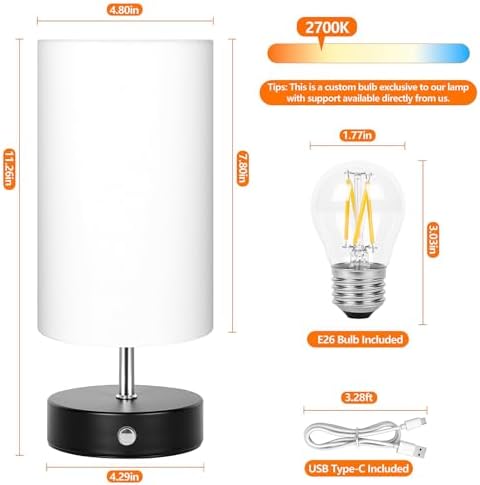 2-Pack Cordless Table Lamps, Black Rechargeable Bedside Lamps Dimmable, Portable 6000mAh Battery Operated LED Desk Lamps, Modern Touch Control Wireless Lamps, Small Lamps for Bedroom, White Shade