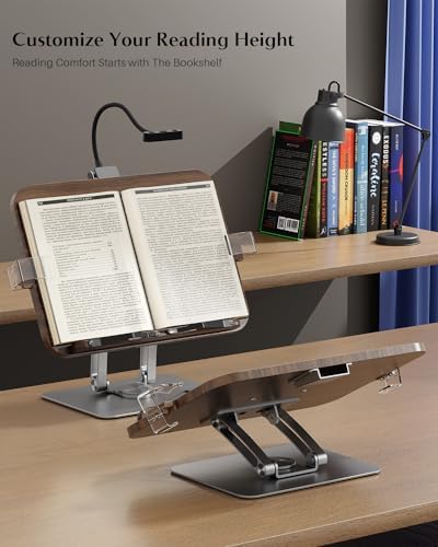 Book Stand for Reading,Adjustable Book Stand with Light,360° Rotating Metal Base,Foldable Cookbook Stand,Reading Hands Free with Page Clips for Recipe,Textbook,Cookbook（3CCT & CRI 90）