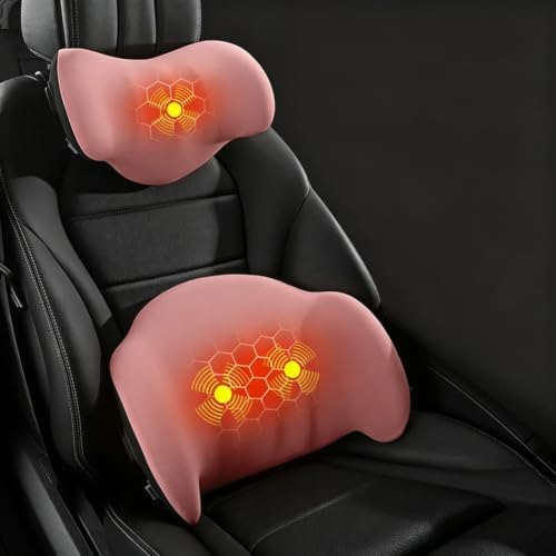 Car Lumbar Back Support Pillow, Heat Vibration Massage Neck Headrest Pillow