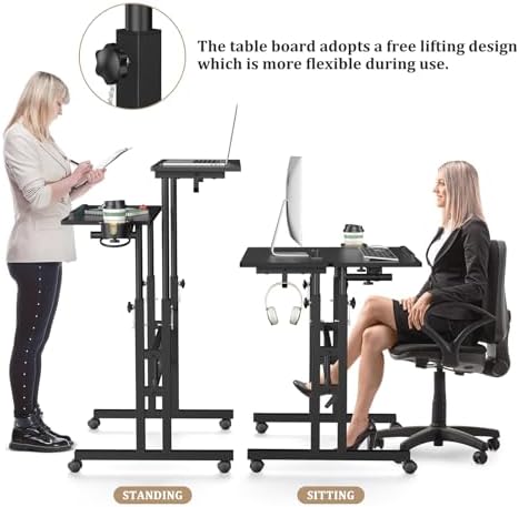 Enayplon Small Standing Desk with Wheels, Mobile Stand Up Desk, Portable Standing Table on Wheels for Walking Pad, Rolling Computer Desk Adjustable Height, Tall Table