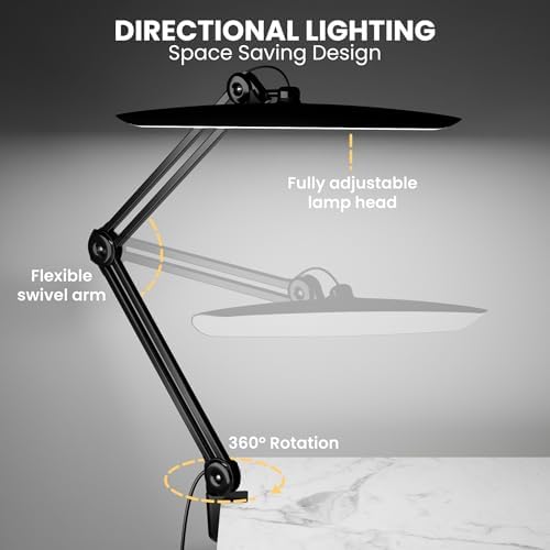 3000 Lumens Adjustable LED Desk Lamp & Task Lamp - Bright, Dimmable Lighting for Office, Crafts, Nails &Salon Hobbies with Clamp (CCT, Black)