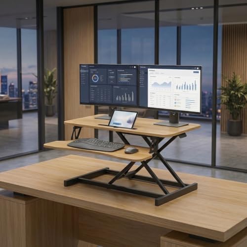 Standing Desk Converter 32" - Sit to Stand Desk Converter for Dual Monitors - Height Adjustable Desk Riser for Standing - Home Office & Corporate Use - Relieve Back Pain (Natural)