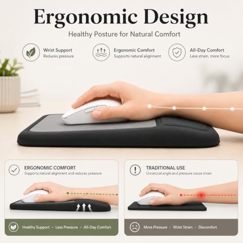 eulps Mouse Pad with Wrist Rest, Ergonomic Memory Foam Mousepad with Soft Wrist Support, Non-Slip PU Base, Smooth Surface for Office, Pain Relief for Laptop & Gaming (Classic Black)