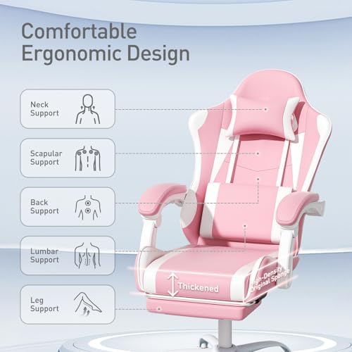 MoNiBloom Gaming Chair, Footrest & Lumbar Support, Height Adjust, Pink