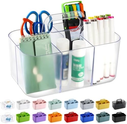 Multiuse Caddy Organizer with Handle, Portable Plastic Tote Bin - Art Craft, Stationary Pen Marker Crayons, Makeup Hair Supplies Storage - Bathroom, Classroom, Dorm, Office, Desk Holder -Frosted Clear