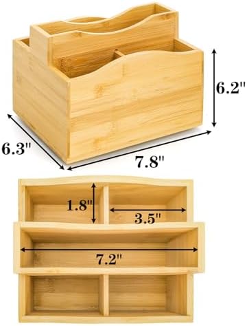 DEAYOU Bamboo Rotating Remote Caddy, 360 Degree Spinning Remote Control Holder, 5 Compartment Revolving Nightstand Bedside Table Organizer for Controller, Pen, Phone, Mail, Calculator, Office