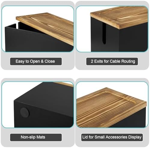 Bivvclaz Cable Management Box Medium, Wooden Cord Organizer Box for Desk, Floor, Office to Hide Extension Cords Power Stripes Surge Protectors Chargers Wires, Black