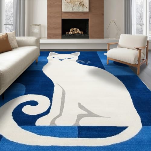 6'x9' Blue White Cat Sapphire Design Ultra-Soft Area Rug
