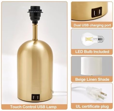 GyroVu Touch Control Table Lamp, Gold Bedside Table Lamps for Bedroom