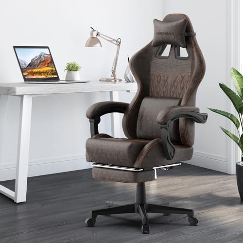 Ferghana Vintage PU Leather Gaming Chair, High Back Gamer Chair with Massage, Ergonomic Computer Office Chair with Footrest for Adults, Racing Style Reclining Video Game Chair Brown