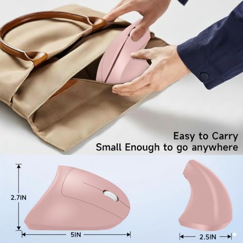 Ergonomic Vertical Wireless Mouse Stylish Rechargeable 2.4G Optical Mice Cordless Mouse with USB Receiver, 800/1200 /1600 DPI, 5 Buttons for Laptop,PC,Mac,Computer (Pink)