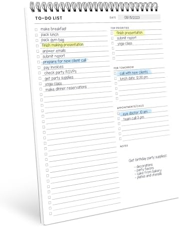 To Do List Spiral Notepad 8.5x11 52 Sheets, Daily Planner Notebook for Work