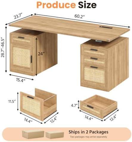 60" Rattan Electric Standing Desk with Drawers for Home Office, Oak