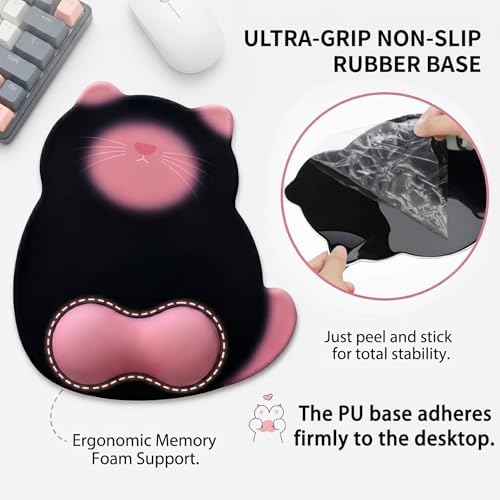 Gel Mouse Pad with Wrist Rest for Mouse Ergonomic Cat Mouse Wrist Rest Non-Slip Silicone Cute Mousepad with Wrist Support for Computer Desk Gaming Laptop Home Office Desk Accessories Black Pink