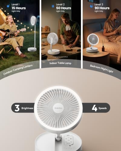 Gaiatop Portable Pedestal Fan 16000mAh Battery [Max 74h Runtime], Foldable Oscillating Standing Fan, Collapsible Desk Fans, LED Light, Case & Remote Control 4 Speeds for Outdoor Travel Camping (White)