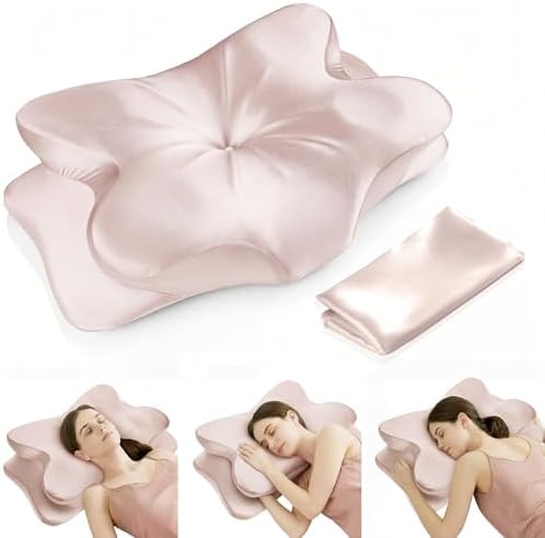 Cervical Neck Pillow for for Neck Support,Ergonomic Memory Foam Contour Pillow with Wrinkle-Resistant Silky Satin Cover & Extra Removable Cover,Orthopedic Pillow for Side,Back,Stomach Sleepers,Pink