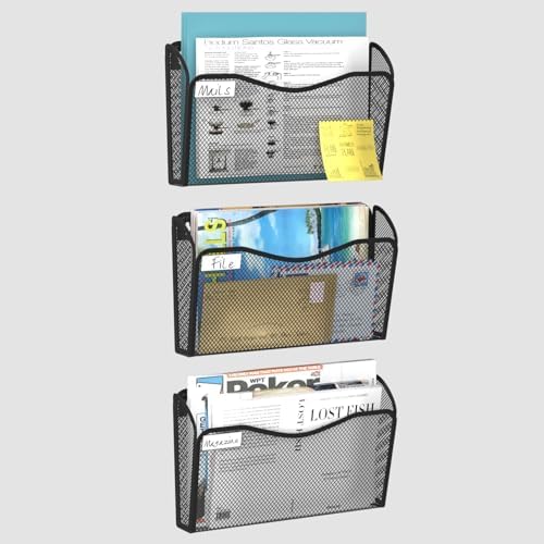 BOHDK Wall File Organizer, 3 Single Pockets Mesh Hanging File Organizer, Mount Document Magazine Rack with Labels, Hanging File Folders for Office, Home and School, Black
