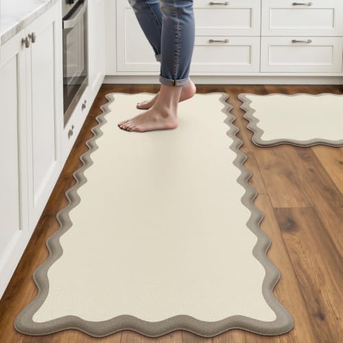 Arenarug Scalloped Kitchen Mats for Floor, Khaki Kitchen Rugs Set of 2
