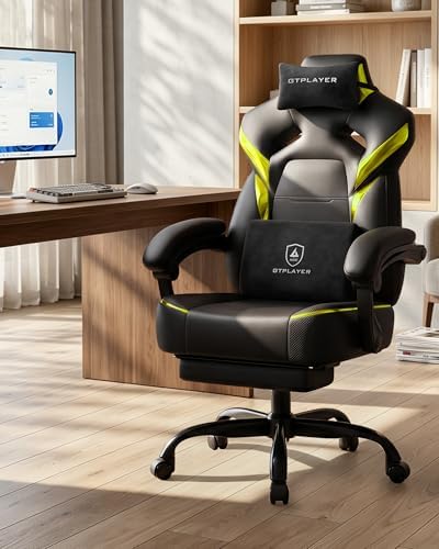 GTPLAYER Big and Tall Gaming Chair with Footrest, High Back Ergonomic Office Chair for Adults, Heavy Duty 350 lbs Capacity, Premium Leather & Iridescent Trim, ACE-Armor, Yellow