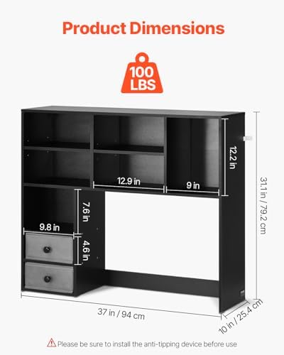 VEVOR 3-Tier Desktop Storage Organizer, 37" x 10" x 31.1" Office Storage Rack Wood Display Shelf, Desktop Bookshelf Hutch with 2 Fabric Drawers, for Office, Home & Dorm, Black
