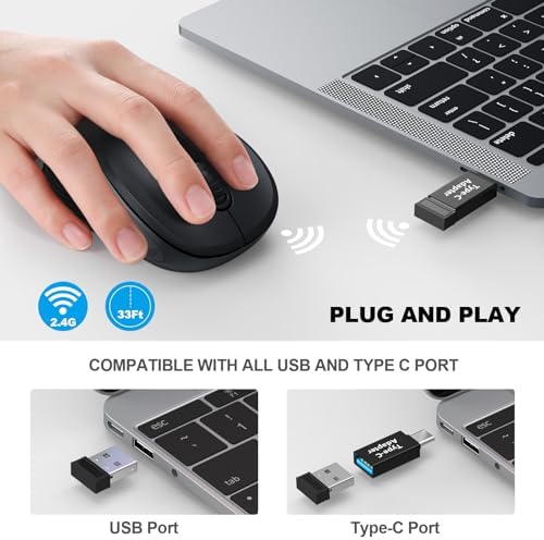 WisFox 2.4G Wireless Mouse for Laptop, Ergonomic Computer Mouse with USB Receiver and Type-C Adapter, 3 Adjustable Levels, 6 Button Cordless Wireless Mice for Windows Mac PC Notebook (Black)