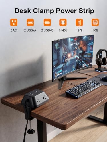 Desk Clamp Power Strip, 6 AC, 2 USB-C & 2 USB-A, 1440J, 10FT Cord