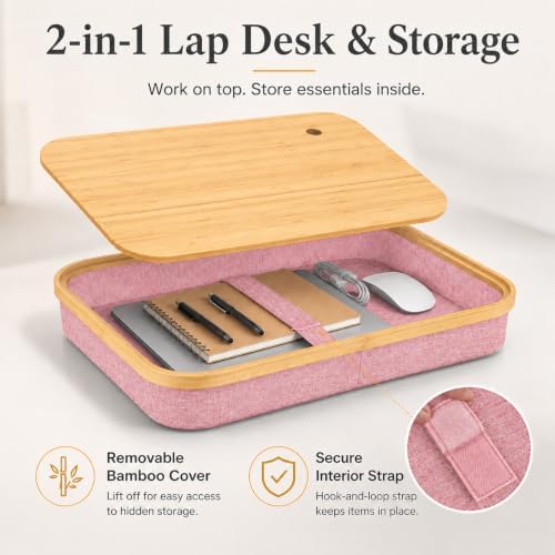 Mayjoy Bamboo Laptop Lap Desk with Storage, Removable Cover, Pink