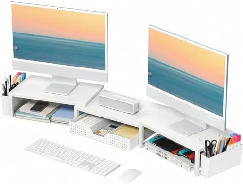 OPNICE Desk Organizers and Accessories, Dual Monitor Stand Riser with Drawer and 2 Pen Holders, Desk Shelf Printer Stand for Office Workspace Organizers, Desktop Organization (White)