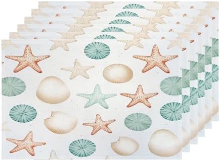 Shrahala Sea Creatures Set of 6 12 X 18 Inch Linen Placemats, Seaside Pattern Burlap Table Mat Washable Double Layered Heat Insulation for Indoor/Outdoor
