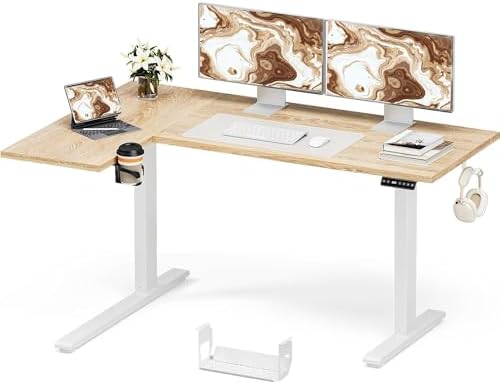Muvai 59" L Shaped Standing Desk with Cable Tray, Reversible, Oak