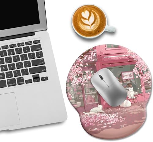 LIMKRIAN Cat Ergonomic Mouse Pad with Wrist Rest, Pink Cherry Blossom Computer Mouse Pad Wrist Support with Non-Slip Pain Relief PU Base, Cute Office Desk Decor Accessories Japanese Dessert House