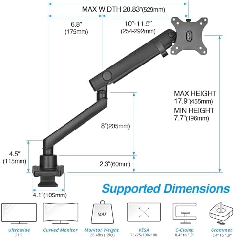 AVLT Single 17"-38" Monitor Arm Desk Top Mount Premium - Black