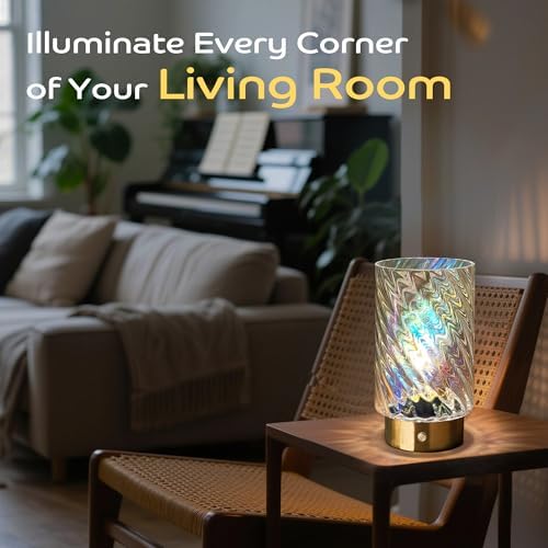 LUSHARBOR Battery Operated Table Lamp with Timer, Stepless Dimming Bedside Lamp Battery Powered Cordless Lamp for Home Decor Entryway/Living Room/Coffee Table/Shelf Transparent