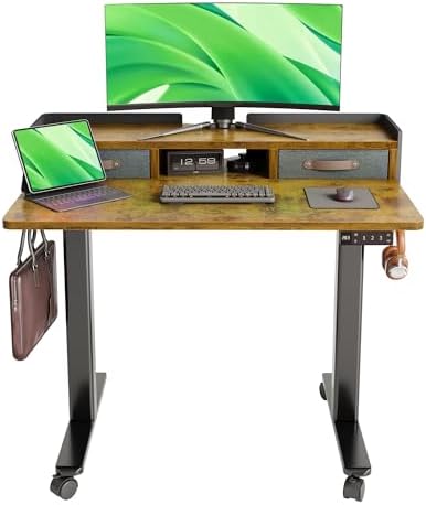 Claiks Standing Desk with Drawers & Wheels, 2 Height Shelf 40" Rustic Brown