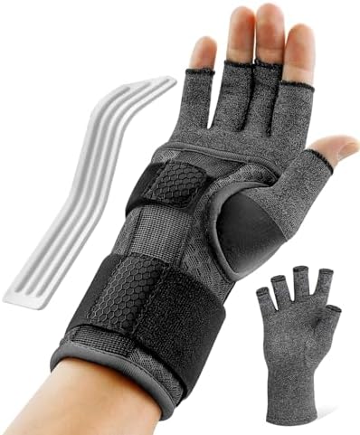 FEATOL Compression Arthritis Glove with Wrist Brace, Comfortable Fingerless Carpal Tunnel Hand Gloves for Women Night Support, Pain Relief for Rheumatoid Arthritis, Work, Typing - Right Hand, Small, Black