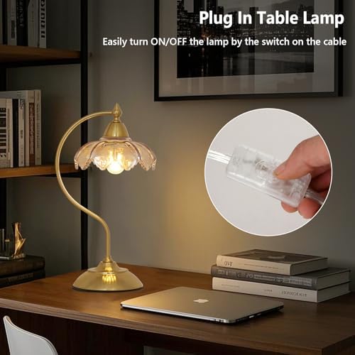 Table Lamps for Living Room, Flower Desk Lamp, Glass Beside Lamp for Nightstand, Gooseneck Small Table Lamp, Mid Century Modern Desk Light, Table Light for Bedroom Home Office Reading (Amber)