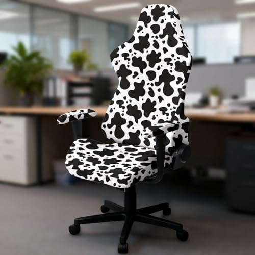 Cow Print Gaming Chair Cover Stretchable Game Chair Slipcovers with 2 Armrest Covers, Scratch-Proof Gamer Desk Chair Covers for Computer Office Seat