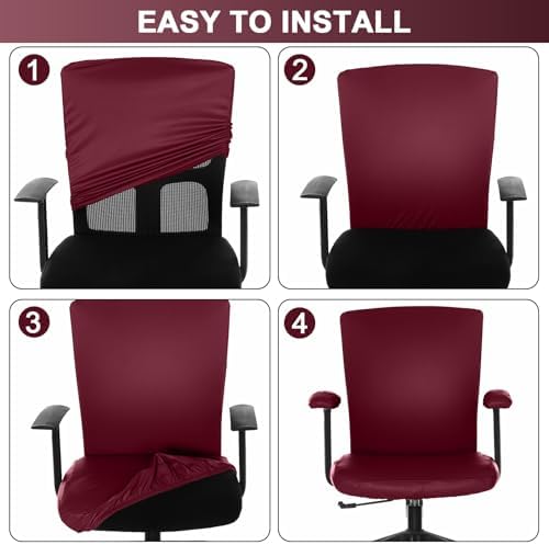 Tallew 4 Pcs Office Chair Covers PU Leather Office Desk Accessories Universal Computer Chairs Cover Stretchable Protective Chair Seat Covers Desk Armrest Cover Slipcovers Rotating Backrest(Burgundy)