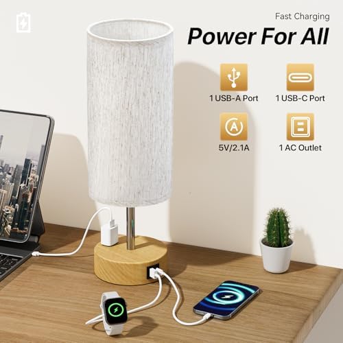 KPQ Bedside Lamp Touch Control Table Lamp with USB A+C Charging Ports & AC Outlet 3-Way Dimmable Nightstand Lamp with Linen Fabric Shade (Beige Shade-Wood Base, 14" Small Size Touch Control)