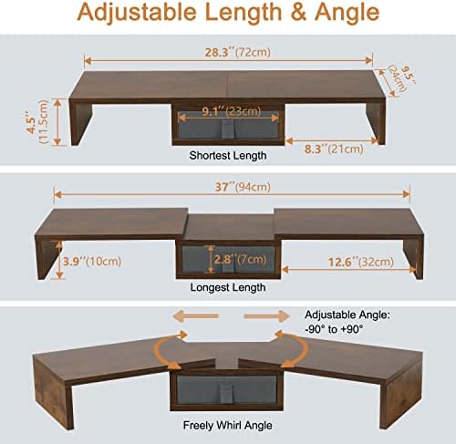 TEAMIX 3 Shelf Monitor Stand Riser With Drawer - Length and Angle Adjustable Dual Riser With Storage Corner Desk Shelf Organizer Large Computer Stand for 2 Monitors/Laptop (Brown, 1 Drawer)