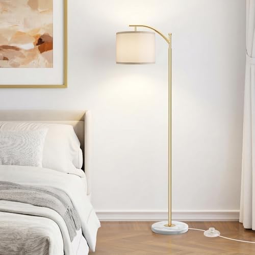 ROTTOGOON Gold Floor Lamp for Living Room with Marble Base, Modern Standing Lamp with 3 Color Temperatures Bulb & Adjustable Linen Shade, Tall Lamp for Bedroom Office Reading Nursery