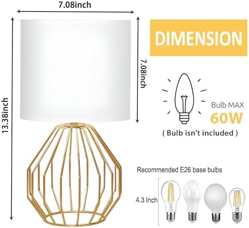 Small Gold Table Lamps, Set of 2 Bedside Nightstand Lamps with White Fabric Shade, Metal Base, Hollow Geometric Desk Lamps for Bedroom, Living Room, Office