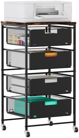 EasyPAG Rolling Storage Cart with 4 Drawers, Under Desk File Cabinet on Lockable Wheels, Moviable Hanging File Folder Organizer with Wooden Printer Stand for Home Office