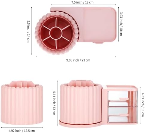 LETURE Rotating Office Desk Organizers and Accessories with 2 Drawer, Pencil Pen Marker Holder for Desk, Desktop Storage Organizers and Accessories for Office Home Art Supplies (Pink)