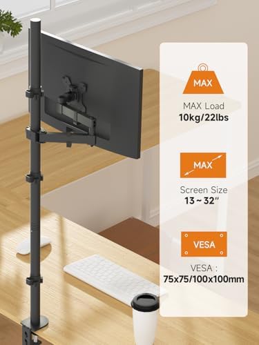 Bracwiser Monitor Mount Single Fully Adjustable Arm Monitor Arm Fits One Screen 13-32 inch 22lbs for Computer Screen 13 15 17 19 20 22 23 24 26 27 30 32 inch VESA 75 100 (MD71221)
