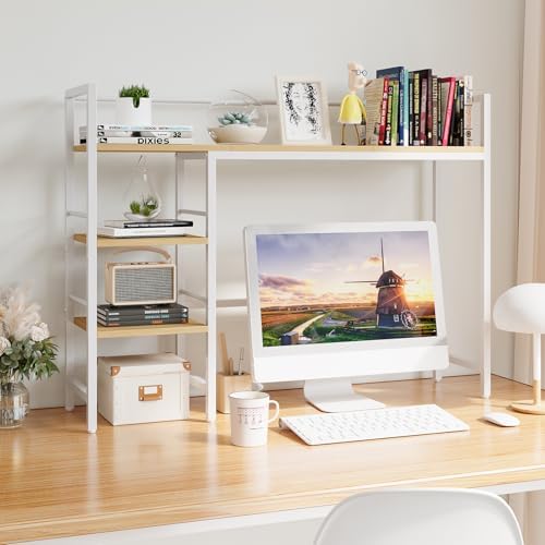 HavenlyYouth Desk Shelf, 38.6 Inch Wood Desk Organizer Shelf for Computer Monitor, Desk Hutch Storage, Desktop Shelf for Top of Desk, 3 Tier Desktop Bookshelf for Home Office Dorm, White