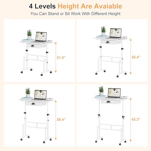 Cidaziya Adjustable Height Standing Desk for Walking Pad Treadmill, Portable Rolling Desk for Laptop with Drawer, Small Moblie Sit to Stand Desk On Wheels with Stiffener for Home Office Dorm Bedroom
