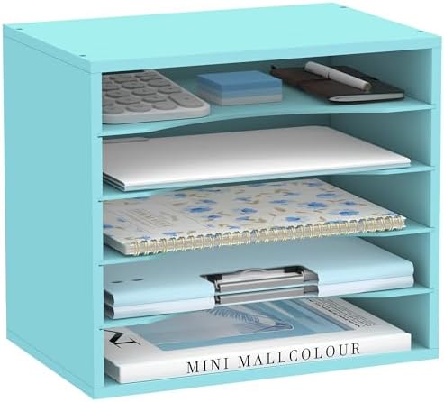 5 Tier Wood Desk Organizer, Mail Sorter and Paper Organizer for Desk, Blue